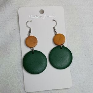 Wooden Green and Tan Dangle Earrings